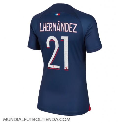Camiseta Paris Saint-Germain Lucas Hernandez #21 Primera Equipación Replica 2023-24 para mujer mangas cortas